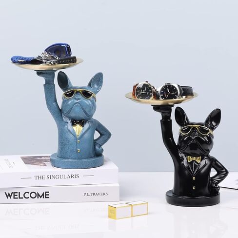 suruim Resin Bulldog Tray Statue Storage Key Holder Candy Jewelry Earrings Tray Piggy Bank Tray Suitable for Home Decor Modern Animal Sculpture Table Decor (Black -1) in Saudi Arabia