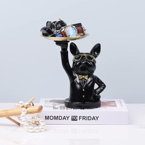 suruim Resin Bulldog Tray Statue Storage Key Holder Candy Jewelry Earrings Tray Piggy Bank Tray Suitable for Home Decor Modern Animal Sculpture Table Decor (Black -1) in Saudi Arabia