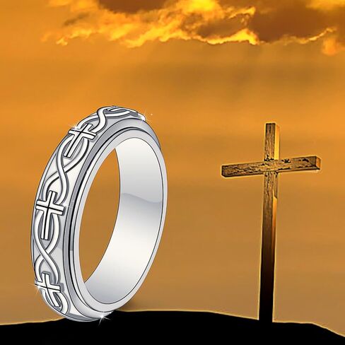 Sterling Silver Anxiety ring for Women Men Fidget Ring Spinner Cross Rings Adjustable Celtic Faith Jewelry Gift for Men Women in Saudi Arabia