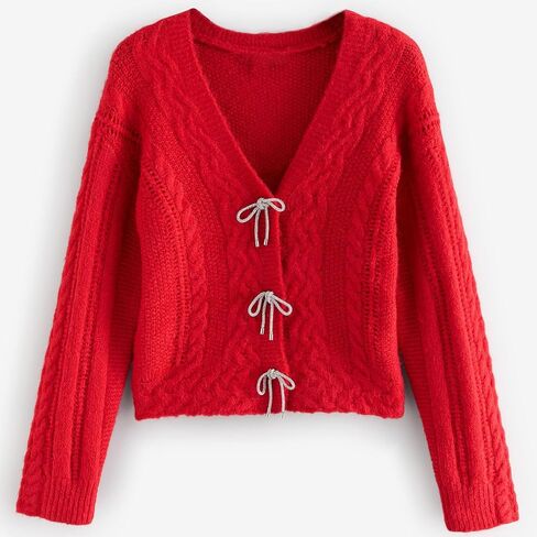 Women Y2K Solid Color Knit Cardigan Long Sleeve V Neck Bow Button Open Front Sweater Top Vintage Going Out Knitwear in Saudi Arabia