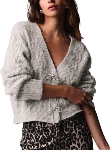 Women Y2K Solid Color Knit Cardigan Long Sleeve V Neck Bow Button Open Front Sweater Top Vintage Going Out Knitwear in Saudi Arabia