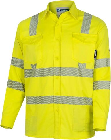 Oberon FR Arc Rated Hi Vis Button-Up Safety Shirt for Men - Flame Resistant & Reflective - 10 Cal - Class 3 - Hi Vis Yellow in Kuwait