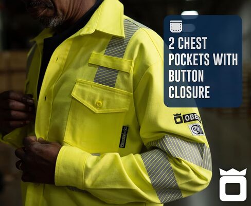 Oberon FR Arc Rated Hi Vis Button-Up Safety Shirt for Men - Flame Resistant & Reflective - 10 Cal - Class 3 - Hi Vis Yellow in Kuwait