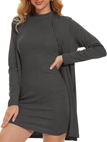 FANCYINN Women's 2 Pieces Outfits Dress Mock Neck Tank Wrap Mini Dress with Open Front Fly Away Cardigan Bodycon Dresses Set in Saudi Arabia
