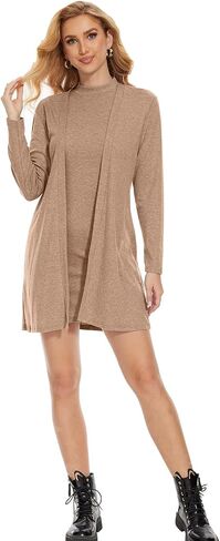 FANCYINN Women's 2 Pieces Outfits Dress Mock Neck Tank Wrap Mini Dress with Open Front Fly Away Cardigan Bodycon Dresses Set in Saudi Arabia