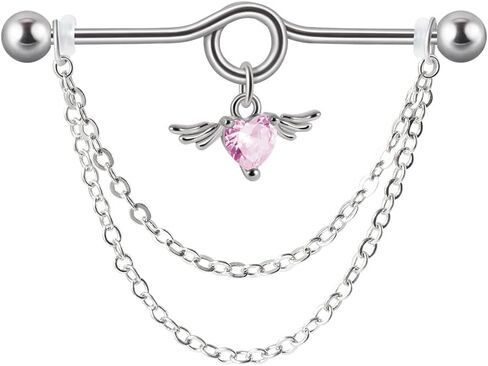 14G Heart Chain Dangle Industrial Barbell Earrings Stainless Steel Industrial Piercing Jewelry 38mm Conch Helix Cartilage Industrial Bar for Women in Kuwait