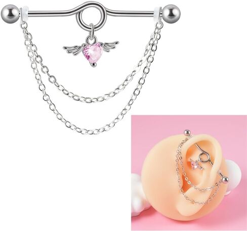 14G Heart Chain Dangle Industrial Barbell Earrings Stainless Steel Industrial Piercing Jewelry 38mm Conch Helix Cartilage Industrial Bar for Women in Kuwait