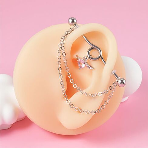 14G Heart Chain Dangle Industrial Barbell Earrings Stainless Steel Industrial Piercing Jewelry 38mm Conch Helix Cartilage Industrial Bar for Women in Kuwait