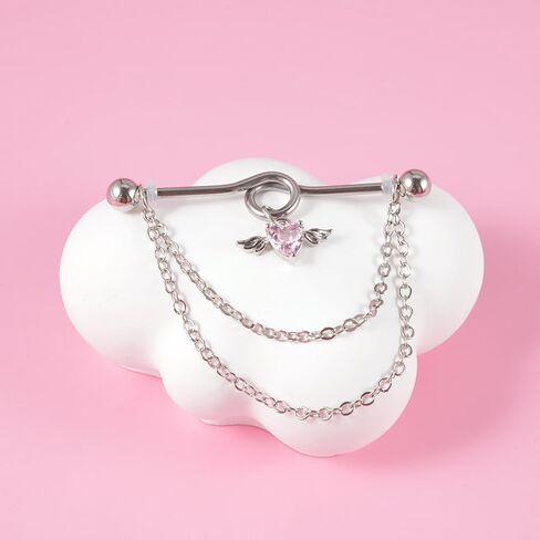 14G Heart Chain Dangle Industrial Barbell Earrings Stainless Steel Industrial Piercing Jewelry 38mm Conch Helix Cartilage Industrial Bar for Women in Kuwait