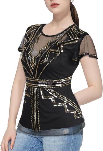 Vijiv Women's 1920s Inspired Beaded Sequin Top V Neck Shimmer Glitter Blouse Short Sleeve Formal Gatsby Shirt in Saudi Arabia