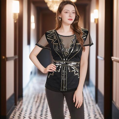 Vijiv Women's 1920s Inspired Beaded Sequin Top V Neck Shimmer Glitter Blouse Short Sleeve Formal Gatsby Shirt in Saudi Arabia