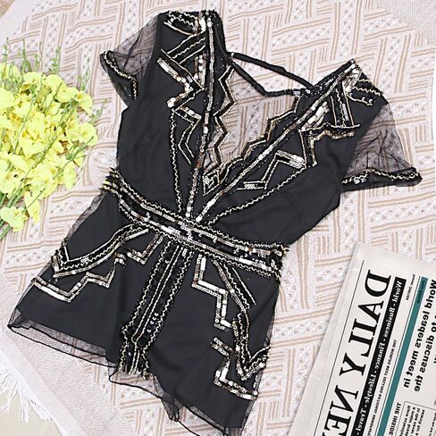 Vijiv Women's 1920s Inspired Beaded Sequin Top V Neck Shimmer Glitter Blouse Short Sleeve Formal Gatsby Shirt in Saudi Arabia