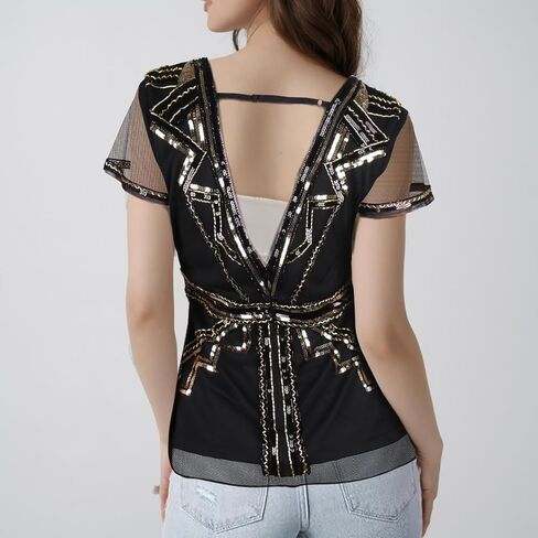 Vijiv Women's 1920s Inspired Beaded Sequin Top V Neck Shimmer Glitter Blouse Short Sleeve Formal Gatsby Shirt in Saudi Arabia
