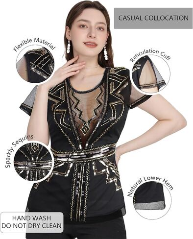 Vijiv Women's 1920s Inspired Beaded Sequin Top V Neck Shimmer Glitter Blouse Short Sleeve Formal Gatsby Shirt in Saudi Arabia