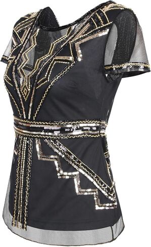 Vijiv Women's 1920s Inspired Beaded Sequin Top V Neck Shimmer Glitter Blouse Short Sleeve Formal Gatsby Shirt in Saudi Arabia