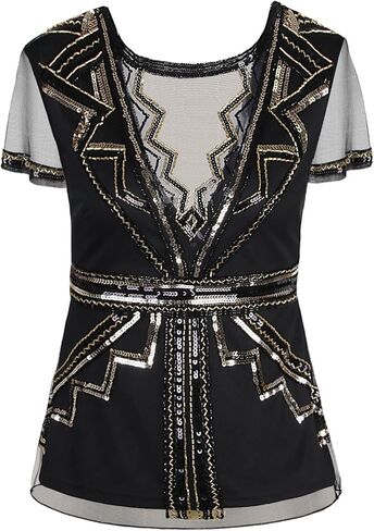 Vijiv Women's 1920s Inspired Beaded Sequin Top V Neck Shimmer Glitter Blouse Short Sleeve Formal Gatsby Shirt in Saudi Arabia