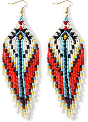 Bohemian Tassel Colorful Beaded Earrings For Women Trendy, Long Fringe Feather Drop Jewelry Handmade Christmas Gifts. in Kuwait
