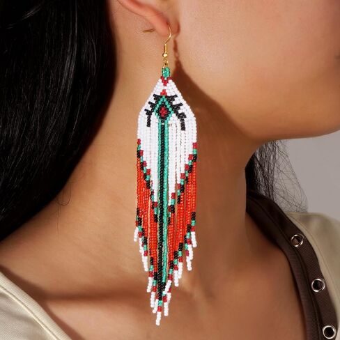Bohemian Tassel Colorful Beaded Earrings For Women Trendy, Long Fringe Feather Drop Jewelry Handmade Christmas Gifts. in Kuwait