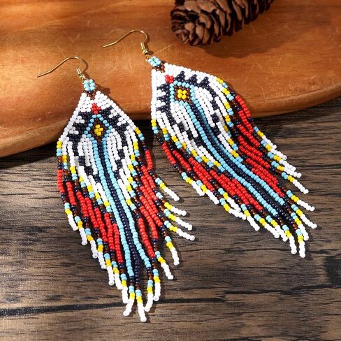 Bohemian Tassel Colorful Beaded Earrings For Women Trendy, Long Fringe Feather Drop Jewelry Handmade Christmas Gifts. in Kuwait