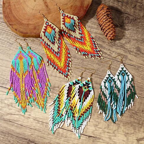 Bohemian Tassel Colorful Beaded Earrings For Women Trendy, Long Fringe Feather Drop Jewelry Handmade Christmas Gifts. in Kuwait
