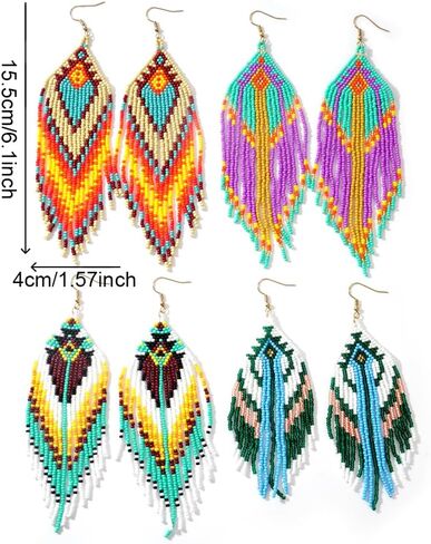 Bohemian Tassel Colorful Beaded Earrings For Women Trendy, Long Fringe Feather Drop Jewelry Handmade Christmas Gifts. in Kuwait