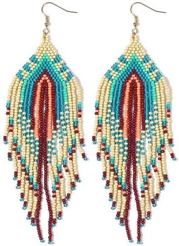 Bohemian Tassel Colorful Beaded Earrings For Women Trendy, Long Fringe Feather Drop Jewelry Handmade Christmas Gifts. in Kuwait