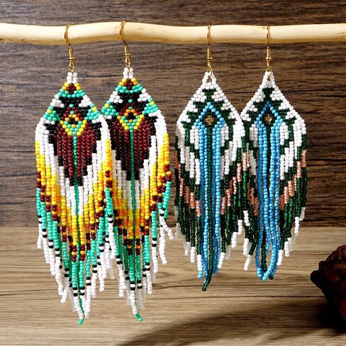Bohemian Tassel Colorful Beaded Earrings For Women Trendy, Long Fringe Feather Drop Jewelry Handmade Christmas Gifts. in Kuwait