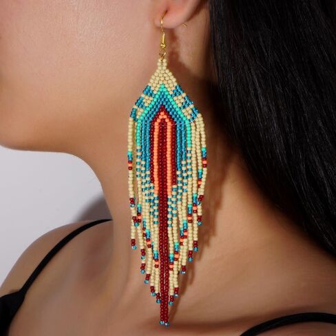 Bohemian Tassel Colorful Beaded Earrings For Women Trendy, Long Fringe Feather Drop Jewelry Handmade Christmas Gifts. in Kuwait
