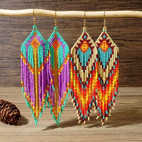 Bohemian Tassel Colorful Beaded Earrings For Women Trendy, Long Fringe Feather Drop Jewelry Handmade Christmas Gifts. in Kuwait