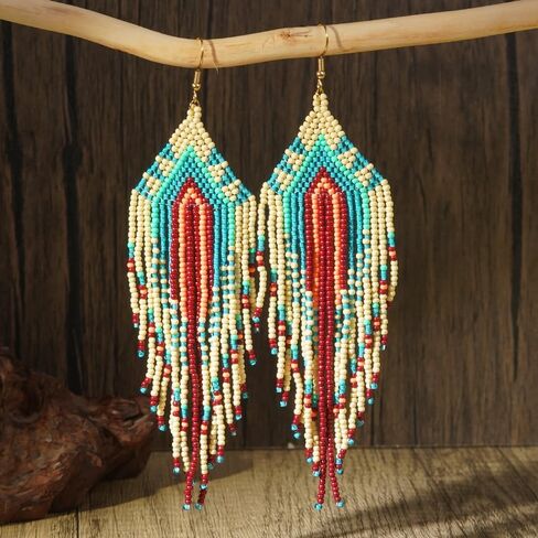Bohemian Tassel Colorful Beaded Earrings For Women Trendy, Long Fringe Feather Drop Jewelry Handmade Christmas Gifts. in Kuwait