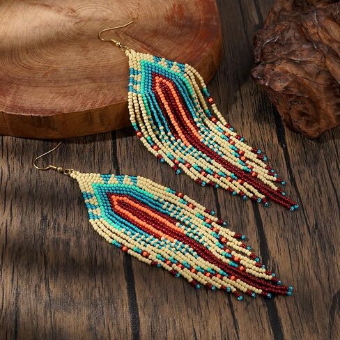 Bohemian Tassel Colorful Beaded Earrings For Women Trendy, Long Fringe Feather Drop Jewelry Handmade Christmas Gifts. in Kuwait