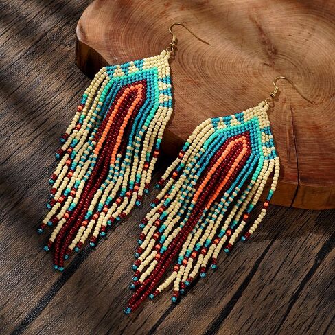 Bohemian Tassel Colorful Beaded Earrings For Women Trendy, Long Fringe Feather Drop Jewelry Handmade Christmas Gifts. in Kuwait