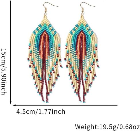 Bohemian Tassel Colorful Beaded Earrings For Women Trendy, Long Fringe Feather Drop Jewelry Handmade Christmas Gifts. in Kuwait