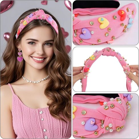 Valentine's Day Headbands Love Heart headbands for Women Rhinestone Headbands for Valentine’s Day Gifts (Pink, one size) in Saudi Arabia
