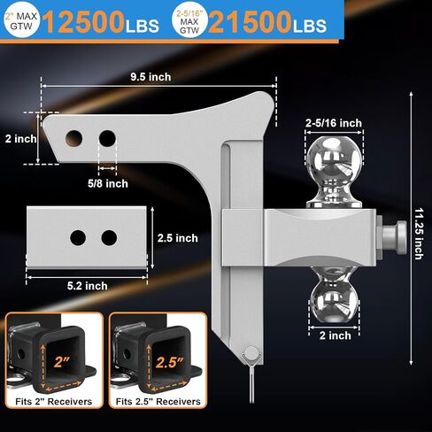 Adjustable Trailer Hitch, Drop Hitch Fits 2 & 2.5 Inch Receiver, Aluminum Tow Hitches w/Dual Ball (2" x 2-5/16"), 21,500 LBS GTW Heavy Duty Truck Hitch Ball Mount, 5 Inch Rise/Drop in Saudi Arabia
