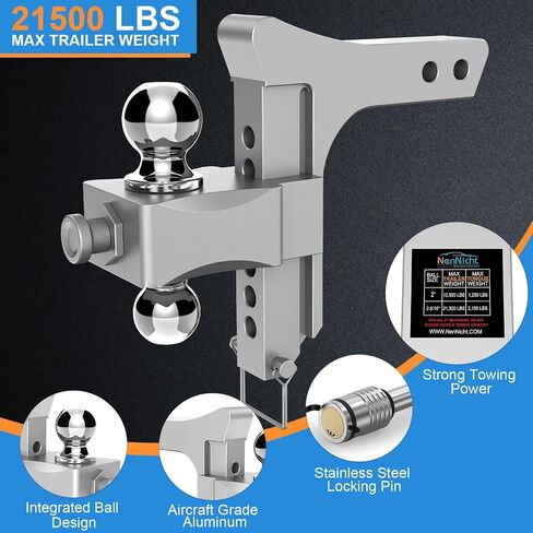 Adjustable Trailer Hitch, Drop Hitch Fits 2 & 2.5 Inch Receiver, Aluminum Tow Hitches w/Dual Ball (2" x 2-5/16"), 21,500 LBS GTW Heavy Duty Truck Hitch Ball Mount, 5 Inch Rise/Drop in Saudi Arabia