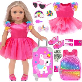 18 Inch Doll Clothes and Accessories School Supplies Playset Accesscories Doll Travel Suitcase Set Including Coat,Dress,Suitcase,Hairpin,Hair Ring,Stickers,Shoes (No Doll)