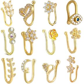 12 Pieces Fake Nose Ring Ear Clips Studs Non Piercing Earrings Inlaid CZ Flower Star Heart Non Piercing Jewelry U Shape Faux Nose Ring Spring Clip on Circle Hoop No Pierced Body Jewelry For Women Unisex