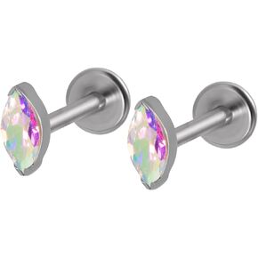 2PCS 16g Titanium Marquise Tiny Opal CZ Flat Back Labret Stud Piercing Cartilage Tragus Conch Helix Stud Earrings Lip Monroe for Women or Men