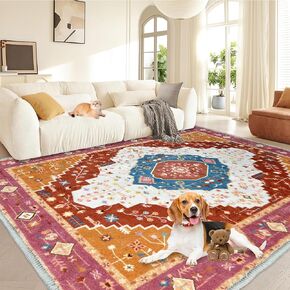 Orange Washable Boho 5X7 Area Rug - Non Slip, Foldable Indoor Carpet VintageArea Rug for Living Room, Bedroom, Kitchen-Easy to Clean, Durable and Stylish