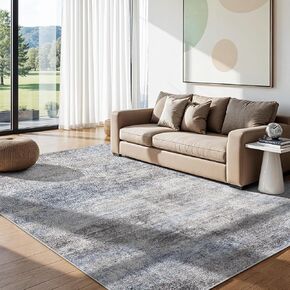 Washable Abstract 8x10 Area Rug: Low Pile and Non-Slip Rubber Backing Modern Large Soft Stain-Resistant Carpet for Living Room Bedroom Dining Room Kitchen and Home Office Blue Grey