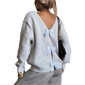 MakeMeChic Women's Bow Sweater Knot Back Top Pullover Sweater Long Sleeve Boat Neck Y2K Knit Tops