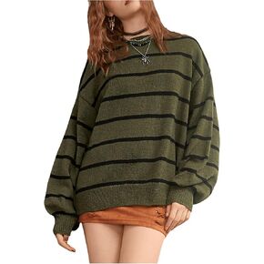 Floerns Women's Striped Long Sleeve Drop Shoulder Sweater Crew Neck Pullover Tops