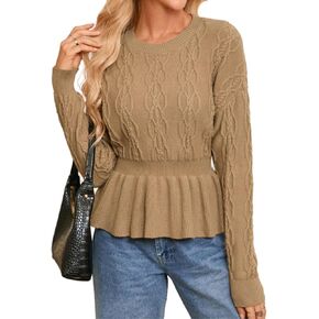 Kate Kasin Women's Long Sleeve Cable Sweater Crew Neck Peplum Hem Casual Knit Pullover Tops