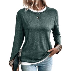 Women's Long Sleeve Crew Neck Fake Two Piece Tee Tops Casual Drop Shoulder 2 in 1 T Shirt