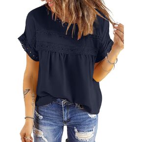 Caracilia Womens Short Sleeve Lace Tops Summer Dressy Casual Crewneck Crochet Shirts Babydoll Boho Blouses
