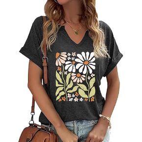 Womens Vintage Flowers V Neck Shirt Casual Floral Print Tee Shirts Cute Wildflowers Graphic Cottagecore Tops