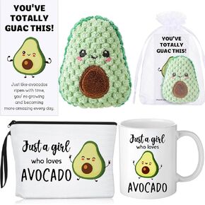 Nuogo 5 Pcs Bulk Inspirational Gifts Cute Makeup Bag Crochet Coffee Mug with Card Funny Pickle Avocado Themed Gifts for Lovers Employee Women Birthday(Pickle)