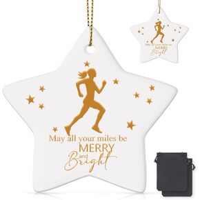 2 Pcs Christmas Girl Running Ceramic Ornament May All Your Miles Be Merry and Bright Christmas Ornament Gift Sports Girl Ceramic Hanging Ornament for Christmas Tree Decoration Keepsake Women Runner