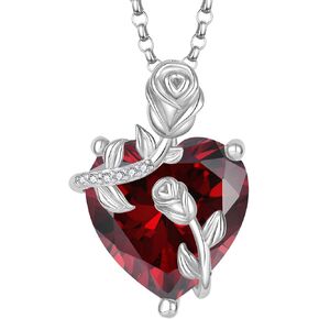 Heart Birthstone Necklaces for Women 925 Sterling Silver Rose Flower Heart Pendant Necklace Jewelry for Christmas Anniversary Birthday Valentine's Day